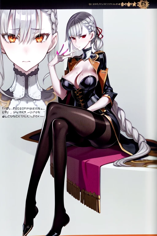full body, solo, 1girl, looking at viewer,  silver hair, long coat, short dress,corset, pantyhose,red eyes,long hair, 
 braid right side ponytail, mature female, (masterpiece), detailed hands, detailed eyes, beautiful face, beautiful eyes, perfect hands, looking at the viewer, left hand resting in her chest, right and posing, orange eyeshadow 