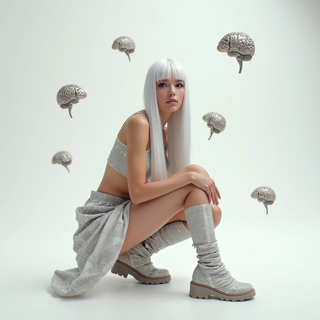 A woman with long straight white hair,she will wear a paper crop top made from newspaper,a mini paper skirt made from newspaper and a boot made from newspaper,She will be crouched on her side and the background will be white with little metallic brains floating in the background.,I want her beautiful ,she will wear a newspaper glove