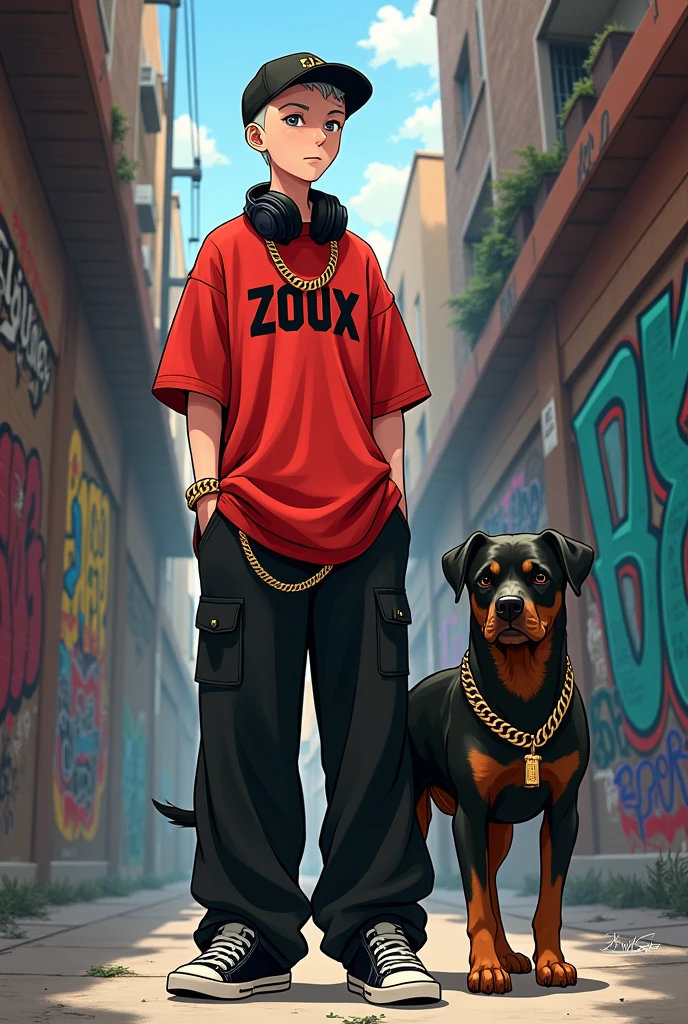 make a  boy, dressed in a red shirt that says in black letters"zoux" that he is bald and has white skin, who has a black hat on his head with a gold chain, some wide black pants and some black sneakers and white, (hiphop style) that has headphones on its neck, and next to it there is a Rottweiler dog with a gold chain, which is in an alley all graffitied with anime-style tags