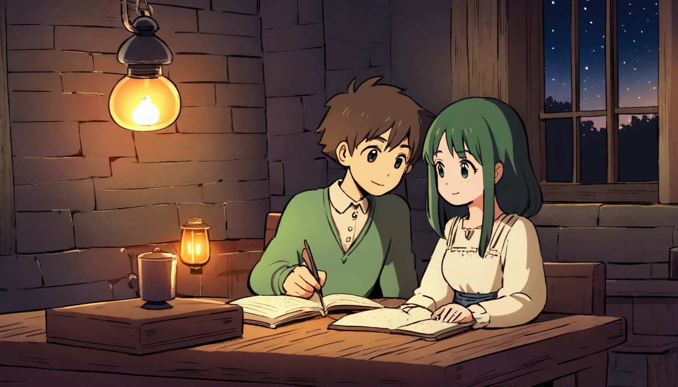 Ghibli style, a boy and a girl studying at a wooden table in a rustic study room. The fireplace is lit and the lamps are shining. The atmosphere is cozy, with rustic furniture and stone walls. There is a window overlooking a dark green field. The colours are darker and the atmosphere is peaceful, and the sky is partly cloudy.