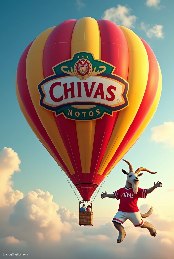Generate an image of a hot air balloon taking off and on one side a goat wearing a Chivas shirt and in the middle of the balloon it says Chivas 
