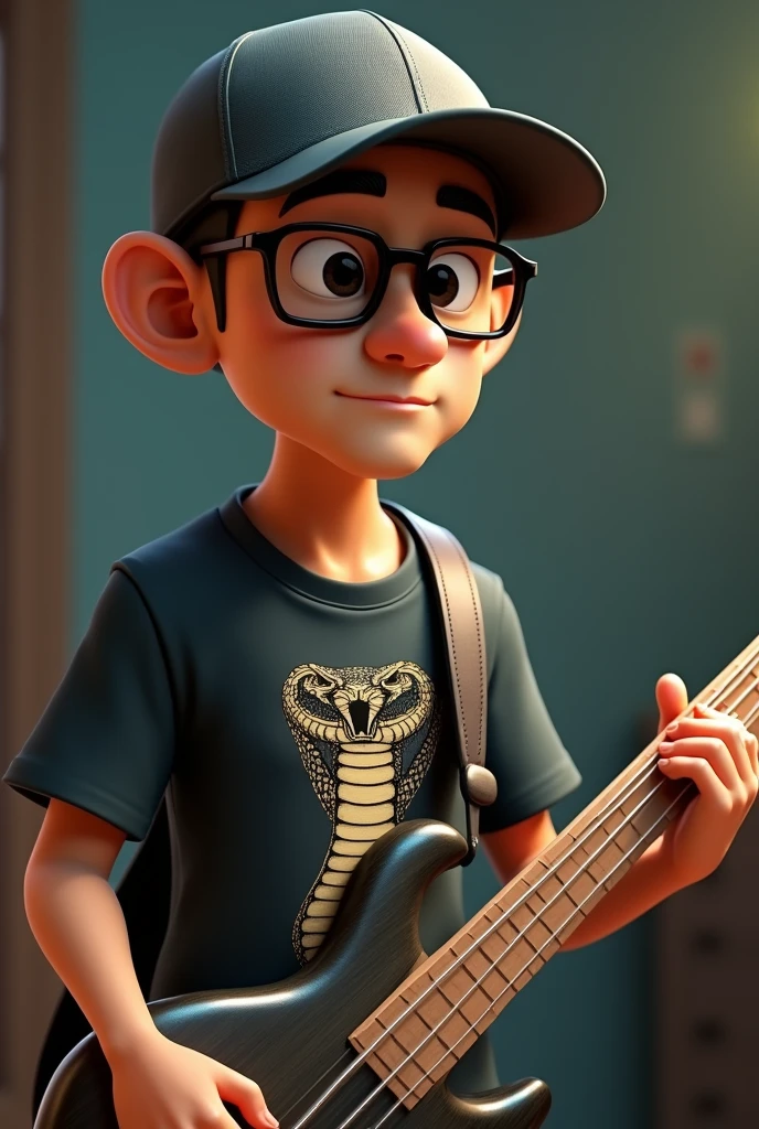 A cartoon character of a 50-year-old Japanese man with no beard, wearing a shaved head, a bass cap, black glasses and a T-shirt with a picture of a snake, holding a bass guitar, Anime characters, Stylized characters, Animation-style rendering, 3D stylized, Arnold Maya Rendering, 3D rendering style, toon render keyshot, 3D Characters, 3D Characters, 3D rendering style, 3D Charactersレンダリング, Cartoon characters, Close-up Character, Character pose, (Pixar Style) (Master Parts:1.2) (Bokeh) (Highest quality) (Fine skin) (Fine texture) (8k) (clay) (Cinema Lighting) (Sharp focus）