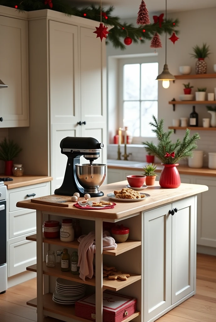 Please create an image of a photographic scene of a kitchen decorated for Christmas with white and red colors and some utensils in red or black., in the background there is a cupboard with three doors, a shelf and three more doors underneath, next to this cabinet there is a bench, on the other side there is another vertical cabinet with three shelves, in the middle of the kitchen there is a narrow island where they prepare gingerbread cookies and on top of that island there is a black Kitchen Aid mixer. The kitchen only has a view from the front, has no side part. The cabinets are white with light brown wood details..