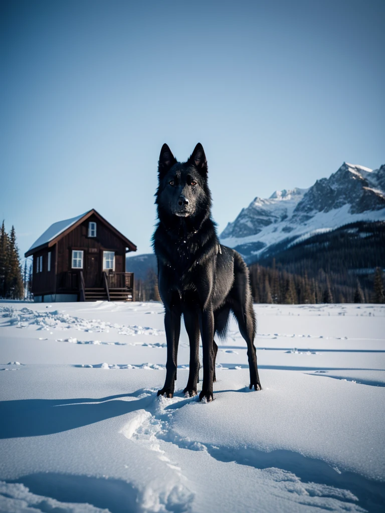 A huge intimidating black wolf standing on a snowy mountain, a cabin in the background, realistic wildlife photography, professional photography, fine art, ultra-realistic, detailed, cinematic, 4k, 8k