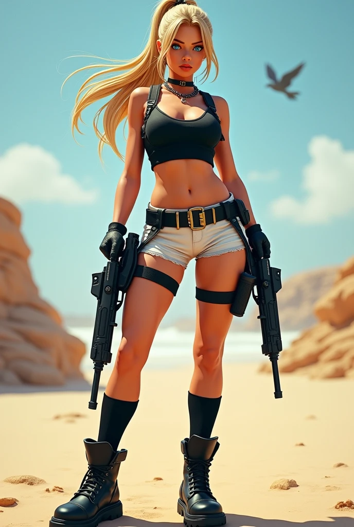 “Create an image of a character inspired by Lara Croft with a stylish twist. She should have blonde hair styled in a ponytail, blue eyes, and glossy lips. Outfit her in black thigh-high socks, black boots, white shorts, and a black crop top. She should be holding guns, standing confidently with a strong, commanding pose. Set the scene against a bright daytime sky with a clear, sunlit background