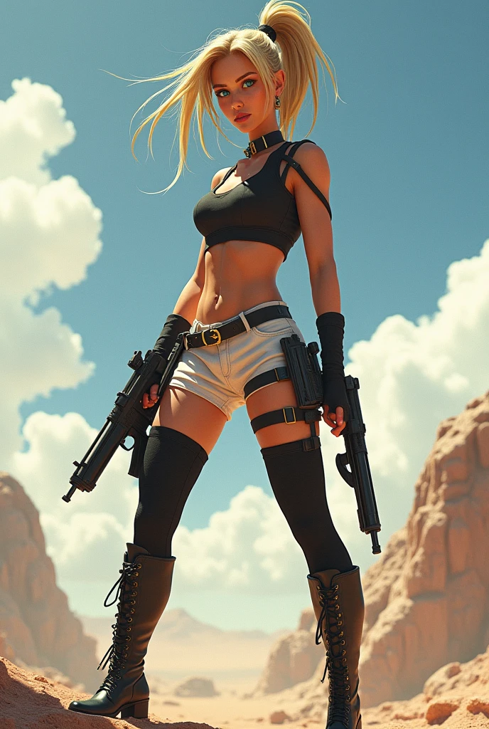 “Create an image of a character inspired by Lara Croft with a stylish twist. She should have blonde hair styled in a ponytail, blue eyes, and glossy lips. Outfit her in black thigh-high socks, black boots, white shorts, and a black crop top. She should be holding guns, standing confidently with a strong, commanding pose. Set the scene against a bright daytime sky with a clear, sunlit background