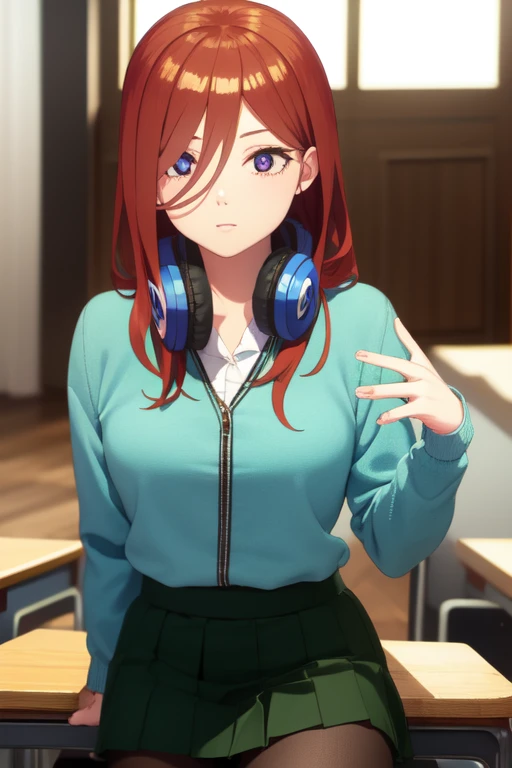 mikunakano, miku nakano, long hair, bangs, blue eyes, brown hair, shirt, hair between eyes, headphones, cardigan, headphones around neck, BREAK skirt, shirt, long sleeves, white shirt, pantyhose, pleated skirt, black pantyhose, cardigan, green skirt, blue cardigan, BREAK indoors, classroom, BREAK looking at viewer, BREAK (masterpiece:1.2), best quality, high resolution, unity 8k wallpaper, (illustration:0.8), (beautiful detailed eyes:1.6), extremely detailed face, perfect lighting, extremely detailed CG, (perfect hands, perfect anatomy),