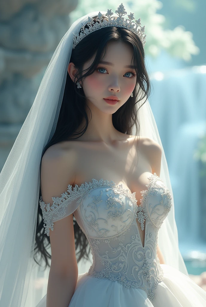 adolescent, wedding dress with neckline, long black hair. giant neckline, 30 cm high. blue eyes. pale and white skin. big breasts and slim build. full body image. 8k resolution. Heavenly fantasy background.