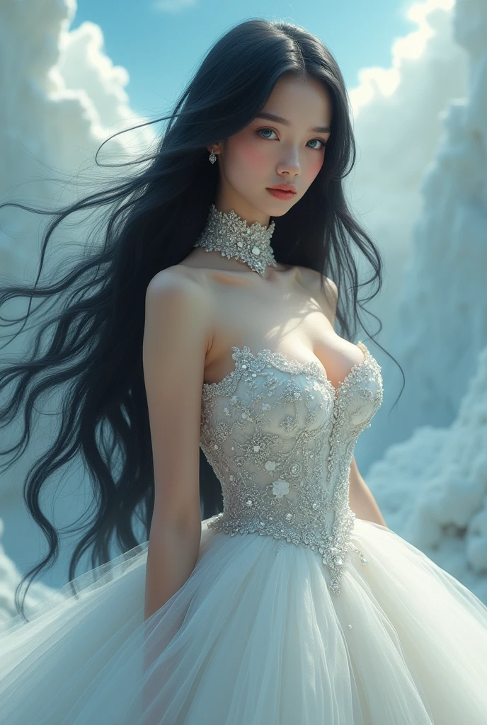 adolescent, wedding dress with neckline, long black hair. giant neckline, 30 cm high. blue eyes. pale and white skin. big breasts and slim build. full body image. 8k resolution. Heavenly fantasy background.