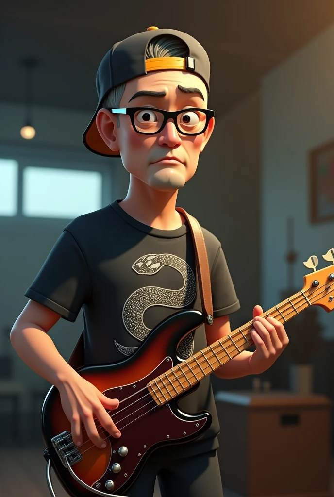 A cartoon character of a 50-year-old Japanese man with no beard, wearing a shaved head, a bass cap, black glasses and a T-shirt with a picture of a snake, holding a bass guitar, Anime characters, Stylized characters, Animation-style rendering, 3D stylized, Arnold Maya Rendering, 3D rendering style, toon render keyshot, 3D Characters, 3D Characters, 3D rendering style, 3D Charactersレンダリング, Cartoon characters, Close-up Character, Character pose, (Pixar Style) (Master Parts:1.2) (Bokeh) (Highest quality) (Fine skin) (Fine texture) (8k) (clay) (Cinema Lighting) (Sharp focus)