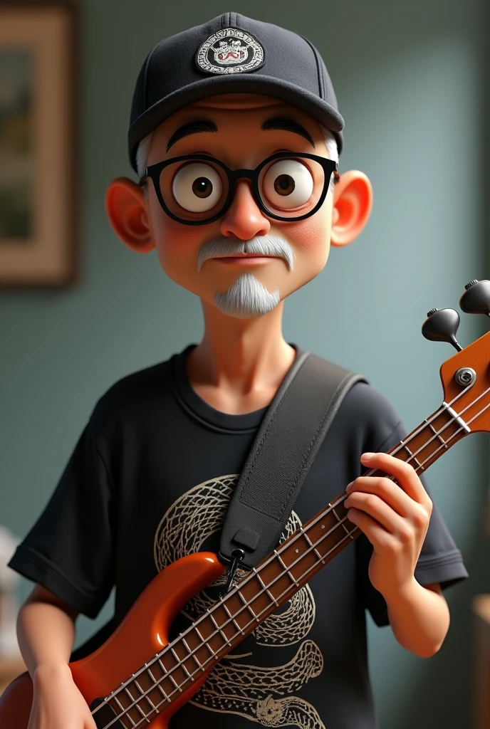 A cartoon character of a 50-year-old Japanese man with no beard, wearing a shaved head, a bass cap, black glasses and a T-shirt with a picture of a snake, holding a bass guitar, Anime characters, Stylized characters, Animation-style rendering, 3D stylized, Arnold Maya Rendering, 3D rendering style, toon render keyshot, 3D Characters, 3D Characters, 3D rendering style, 3D Charactersレンダリング, Cartoon characters, Close-up Character, Character pose, (Pixar Style) (Master Parts:1.2) (Bokeh) (Highest quality) (Fine skin) (Fine texture) (8k) (clay) (Cinema Lighting) (Sharp focus)