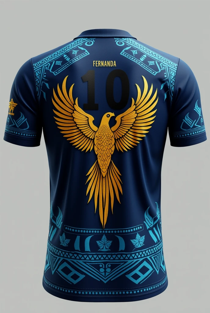Dark Blue Football Shirt Back Indigenous Details: indigenous details in a light blue with geometric and traditional indigenous shapes on the hips On the back a large open golden macaw flying in the center of the shirt Number ten in black on top of the macaw And the name Fernanda below the macaw