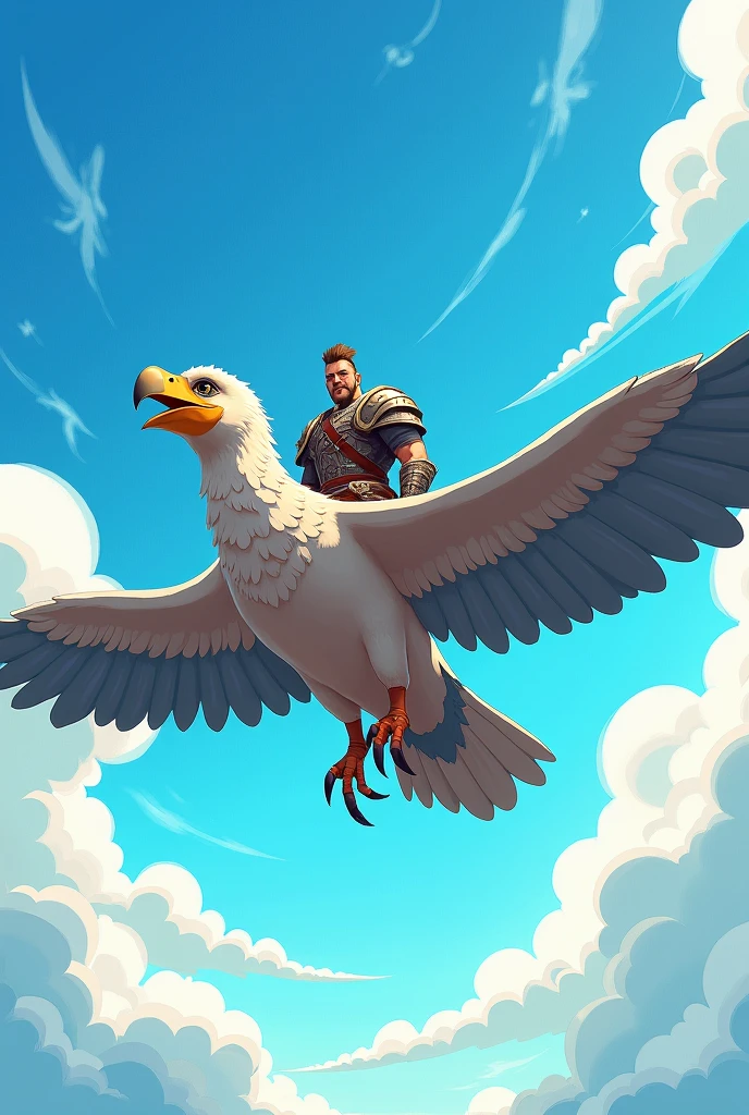 A warrior riding a giant bird in the sky with cartoonish art style