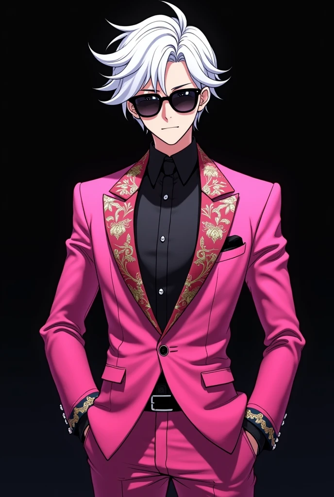 20 years old Anime boy with white hair, wearing pink tuxedo and black shades, black background