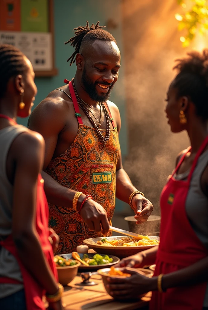Bonjour, créer une image d un atelier cuisine au CENTRE CULTUREL MACUMBA. Students wear SKM logo aprons. Manbo Atabey chef de cuisine enseigne aux enfants la cuisine haïtienne elle vêtue d un bobou haïtienne, necklaces, bracelets, wooden earrings. Colorful frame, luminous
