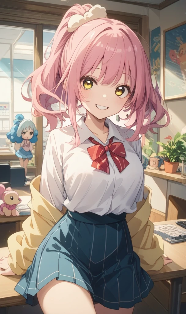 ((masterpiece、Highest quality))1 person、cute、My Favorites 、alone、Idol、skirt、Pink Hair、Half Twin Style、Long Hairstyles、Yellow Eyes、プリーツskirt、smile、dance、sing、sight、Red cheeks、vocalist、 cuteポーズ、Loud cheers、Surrounded by music、toy poodle