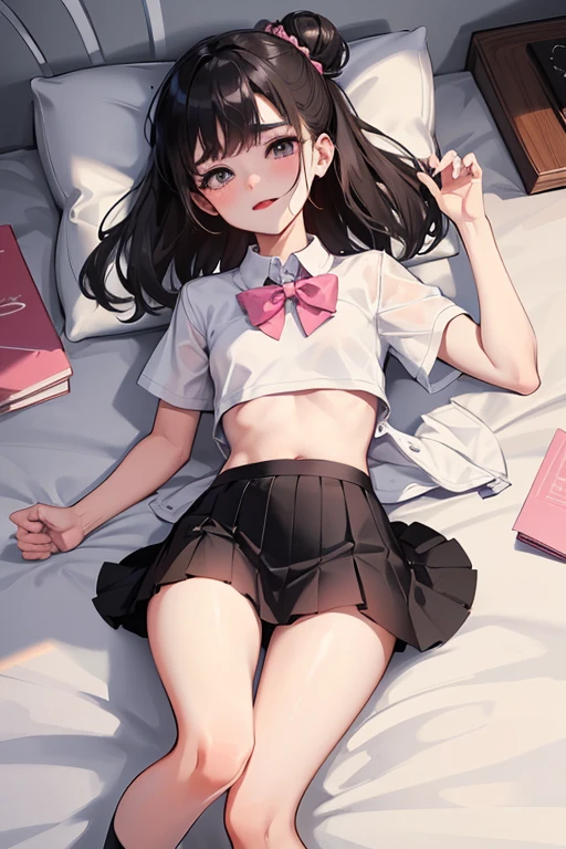 Chinese girl,Wear black round glasses
,Short-sleeved school uniform
,White pleated skirt
,Black messy bun
,Pink heart-shaped eyes
,small waist
,Sleeping.บนเตียงนอน
,night time
,There is warm light from the bulb.
,Beautiful composition
,Taken by a professional photographer
,Open your mouth and stick your tongue out.,The tongue is clearly visible.
,My eyebrows droop.
,shy
,Thin eyebrows, not too dark
,small nose
,There are some small bumps on the face.
,Medium Page
,Don't be a jerk.
,small
,sparkling eyes
,pink mouth
,pink cheeks
,See the thighs and navel
,break out
,Hands tied.
,I&#39;m sweating a lot.
,My legs are covered with water.
,Put on a collar
,There are red hickeys on the neck.,Sleeping.