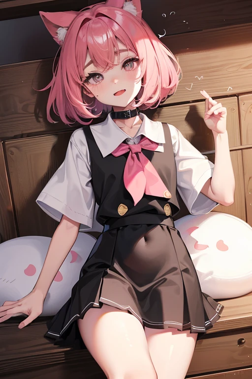 Chinese girl,Wear black round glasses
,Short-sleeved school uniform
,White pleated skirt
,Black messy bun
,Pink heart-shaped eyes
,small waist
,Sleeping.บนเตียงนอน
,night time
,There is warm light from the bulb.
,Beautiful composition
,Taken by a professional photographer
,Open your mouth and stick your tongue out.,The tongue is clearly visible.
,My eyebrows droop.
,shy
,Thin eyebrows, not too dark
,small nose
,There are some small bumps on the face.
,Medium Page
,Don't be a jerk.
,small
,sparkling eyes
,pink mouth
,pink cheeks
,See the thighs and navel
,break out
,Hands tied.
,I'm sweating a lot.
,My legs are covered with water.
,Put on a collar
,There are red hickeys on the neck.,Sleeping.