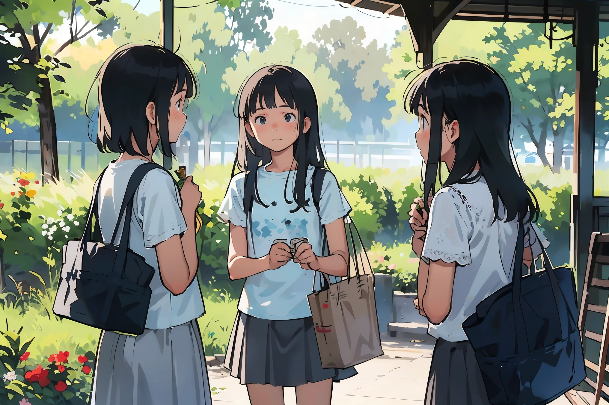 masterpiece, Highest quality,plural, Three Girls、Railway stations、(countrysideのローカル線の無人駅のホームで:1.2)、(line:1.2)、Railroad crossing、train、bicycle、Black Hair, short hair、Long Hair, Hair ties, hair band, hair ornaments, Straw hat、Shorts, skirt、dappled daylight、Outdoor, nature, wood々、 Grassland、countryside、Suburban、