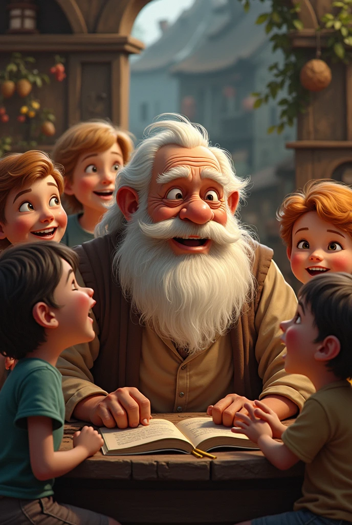 generates an image where 6 are laughing at an old man for telling a story