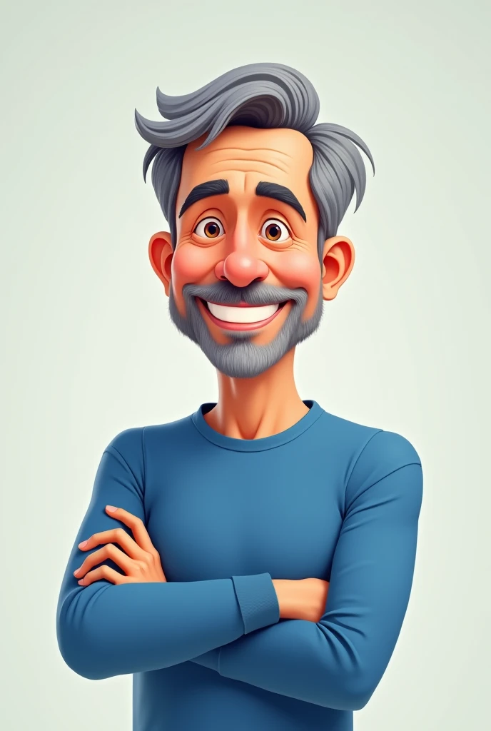 A 50-year-old white man in the form of a cartoon drawing, has gray hair and a short beard. wearing a blue long sleeve shirt, Arms crossed and smiling. the beard is very small, almost non-existent