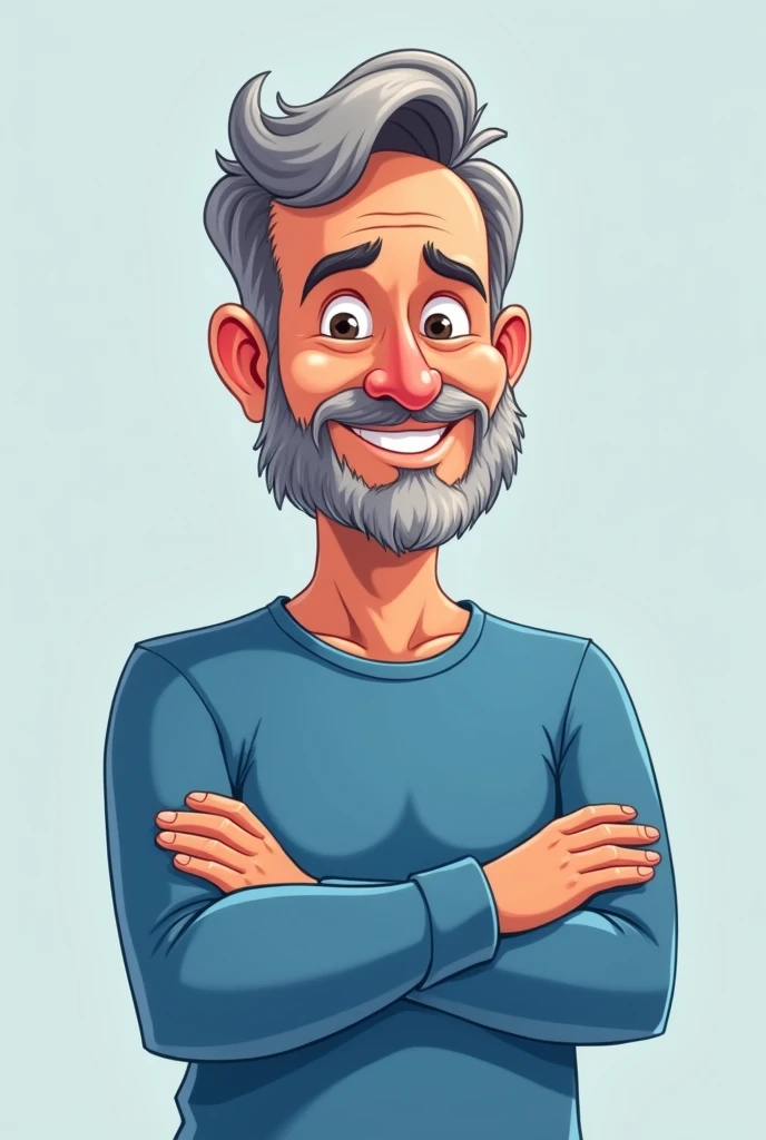 A 50-year-old white man in the form of a cartoon drawing, has gray hair and a short beard. wearing a blue long sleeve shirt, Arms crossed and smiling. the beard is very small, almost non-existent
