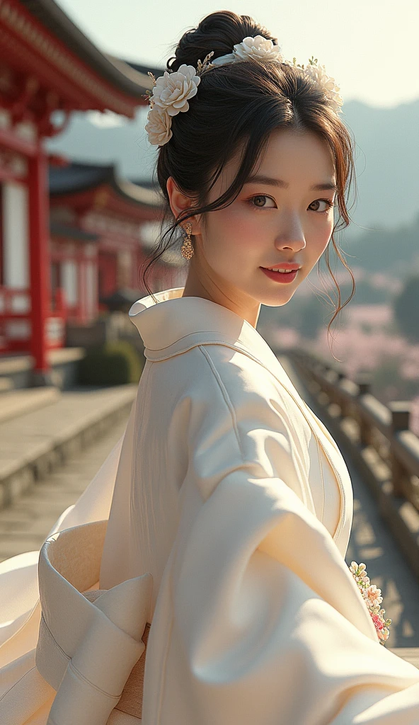 A beautiful young woman wearing brightly colored Japanese clothing、A charming expression、A peerless beauty created by CG、White Japanese clothing、Full Body Shot、background、Shrines and temples、Ukiyo-e style Japanese painting、