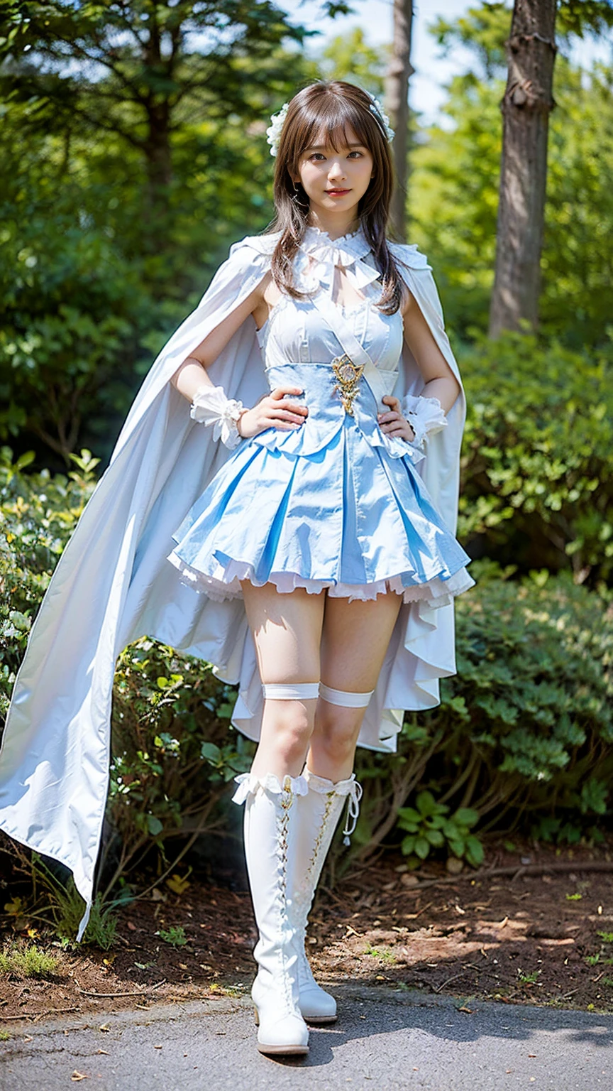 (8k、RAW Photos、Highest quality、masterpiece:1.2)、(Realistic、Realistic)、1 person、((White and light blue、garden、Frills、Cape、mini skirt、Thin legs、whole body、boots、View from the front、Looking into the camera、Stand with hands on hips))、cute