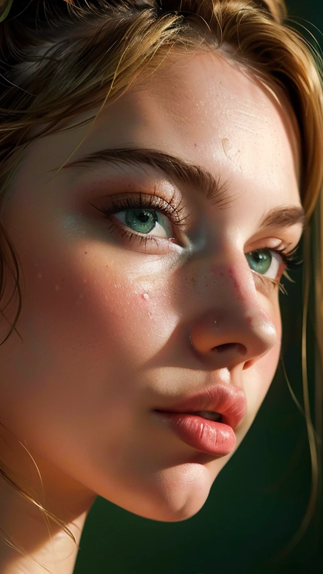 of the highest quality, masterpiece, ultra high resolution, (realist:1.4), (Close-up portrait) RAW Photos, 1 girl, 2,((nostril nose piercing)),,((Passionate honey blonde hair)), realist,Image Media Chest)) (masterpiece, Best Quality:1.2), Alone, Exceptional profile photo, masterpiece, drawn with great precision Symmetrical with balanced features. defined cheekbones, proportionate nose and full lips. Expressive eyes or framed by long eyelashes. clear skin, Suave, uniform and radiant A slender but curvy figure. well defined waist, Proportionate hips, Subtle muscle toning. ((Light green eyes)), hair tied in a high ponytail