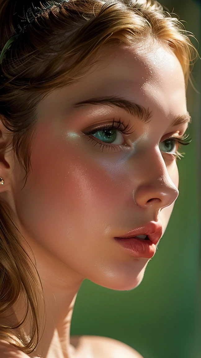 of the highest quality, masterpiece, ultra high resolution, (realist:1.4), (Close-up portrait) RAW Photos, 1 girl, 2,((nostril nose piercing)),,((Passionate honey blonde hair)), realist,Image Media Chest)) (masterpiece, Best Quality:1.2), Alone, Exceptional profile photo, masterpiece, drawn with great precision Symmetrical with balanced features. defined cheekbones, proportionate nose and full lips. Expressive eyes or framed by long eyelashes. clear skin, Suave, uniform and radiant A slender but curvy figure. well defined waist, Proportionate hips, Subtle muscle toning. ((Light green eyes)), hair tied in a high ponytail