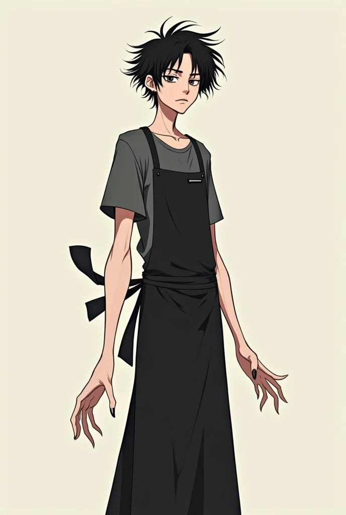 19 year old animated boy, disheveled, long pearly skin hair, thin and sharp face, Skinny body, Medium and thin nose with outstretched arms dressed in a long black short-sleeved shirt and a black kitchen apron