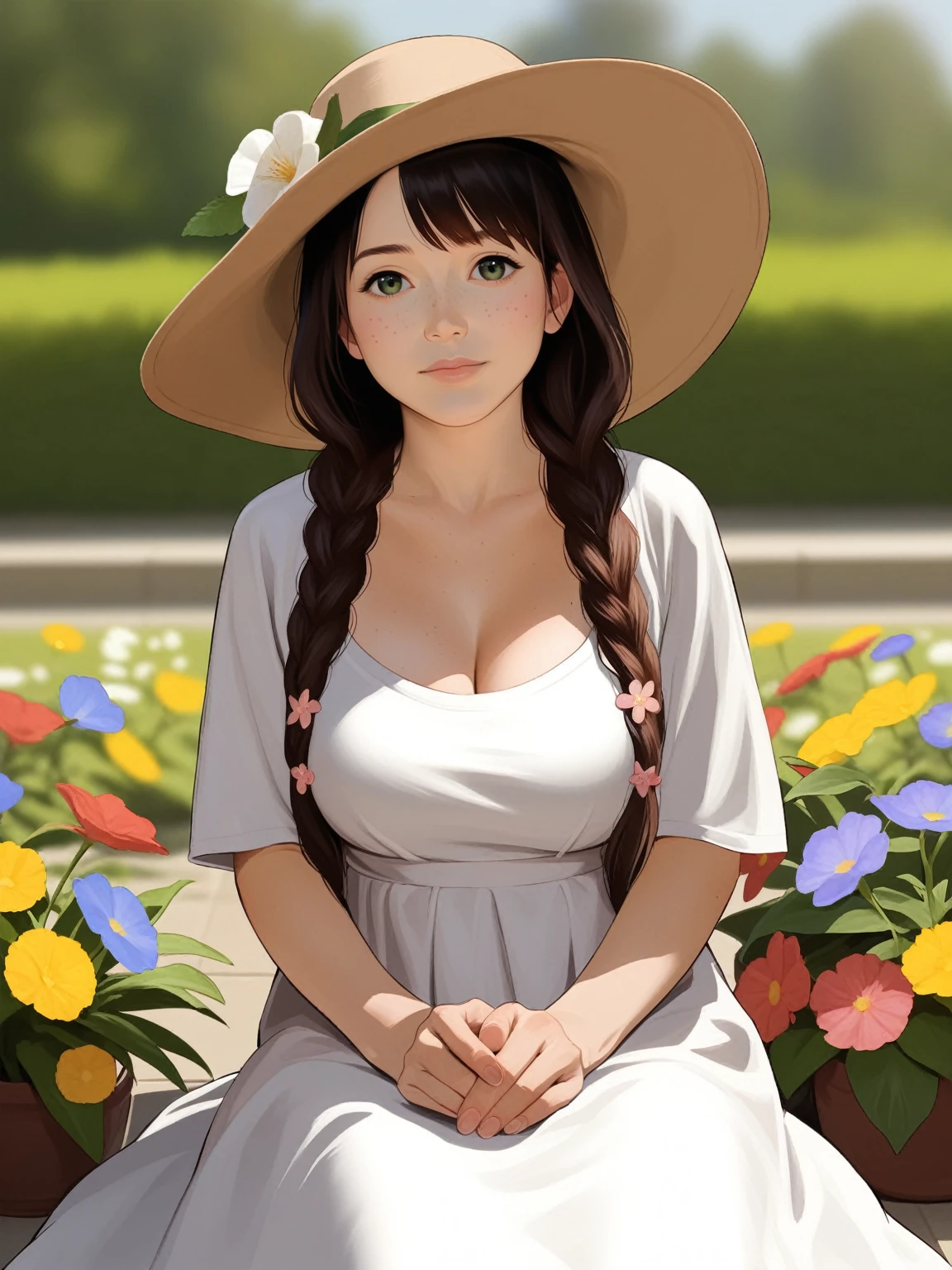 score_9, score_8_up, score_7_up, BREAK, rating_safe, zy_mirabel, 1girl, long hair, hat, flower, braid, freckles, hat flower, twin braids, large breasts, green eyes, sit, garden, realistic, photo, real hair, detailed skin, highly detailed, detailed skin, depth of field, film grain,animation, ikuchan 
