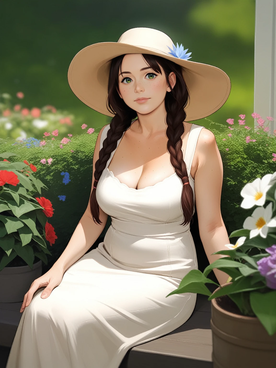 score_9, score_8_up, score_7_up, BREAK, rating_safe, zy_mirabel, 1girl, long hair, hat, flower, braid, freckles, hat flower, twin braids, large breasts, green eyes, sit, garden, realistic, photo, real hair, detailed skin, highly detailed, detailed skin, depth of field, film grain,animation, ikuchan
