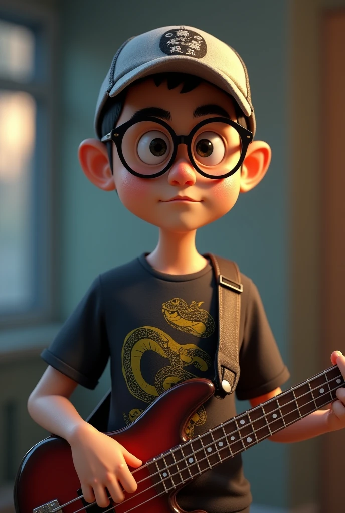 A cartoon character of a 50-year-old Japanese man with no beard, wearing a shaved head, a bass cap, black glasses and a T-shirt with a picture of a snake, holding a bass guitar, Anime characters, Stylized characters, Animation-style rendering, 3D stylized, Arnold Maya Rendering, 3D rendering style, toon render keyshot, 3D Characters, 3D Characters, 3D rendering style, 3D Charactersレンダリング, Cartoon characters, Close-up Character, Character pose, (Pixar Style) (Master Parts:1.2) (Bokeh) (Highest quality) (Fine skin) (Fine texture) (8k) (clay) (Cinema Lighting) (Sharp focus)