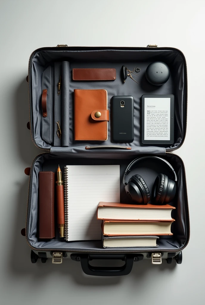 a suitcase with some items inside it, agenda, notebook, cellphone, kindle device, alexia, textbooks, pens, paper, headphones
