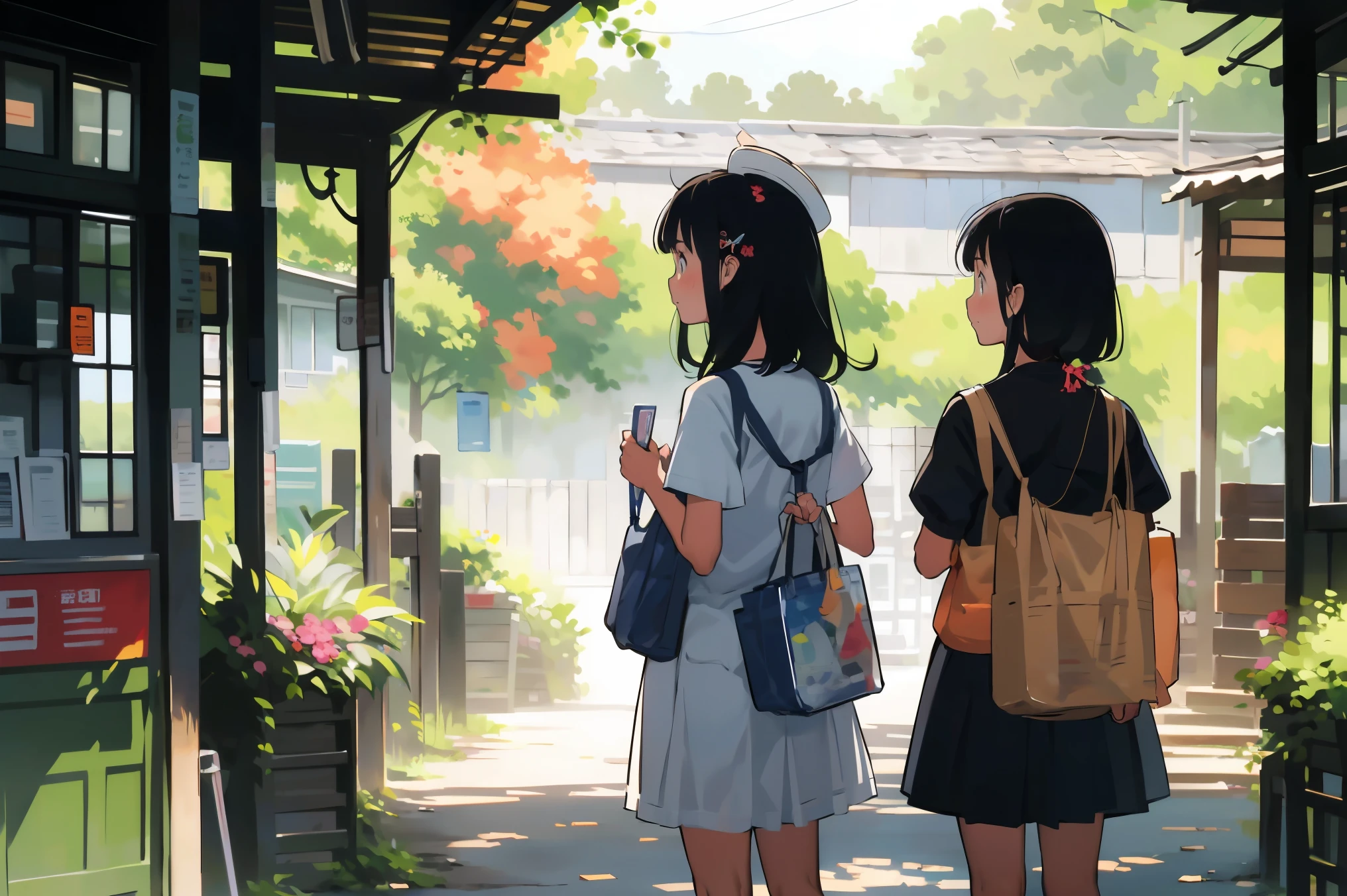 masterpiece, Highest quality,plural, Three Girls、Railway stations、(countrysideのローカル線の無人駅のホームで:1.2)、(line:1.2)、Railroad crossing、train、bicycle、Black Hair, short hair、Long Hair, Hair ties, hair band, hair ornaments, Straw hat、Shorts, skirt、dappled daylight、Outdoor, nature, wood々、 Grassland、countryside、Suburban、