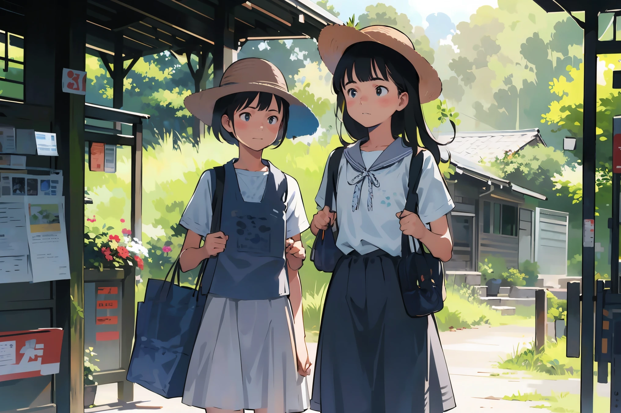 masterpiece, Highest quality,plural, Three Girls、Railway stations、(countrysideのローカル線の無人駅のホームで:1.2)、(line:1.2)、Railroad crossing、train、bicycle、Black Hair, short hair、Long Hair, Hair ties, hair band, hair ornaments, Straw hat、Shorts, skirt、dappled daylight、Outdoor, nature, wood々、 Grassland、countryside、Suburban、