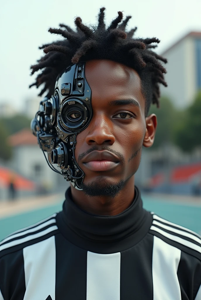 Create an image of a cyborg young man, Afro-Portuguese descent cyborg man, part of your face will be a machine, man looking to camera, medium shot, hyperrealistic, intricate cyberpunk robot, art by mooncryptowow and popular science, in İstanbul, Besiktas, Besiktas Stadium background, Black White Stripped shirt
