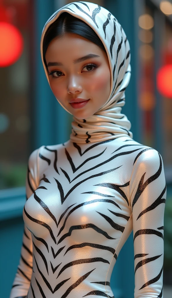 a beautiful and thin Asian and malaysian muslim adult girl with a shiny and beautiful face wears white tiger print lycra turtleneck unitard catsuit covered with stripes and always wear tiger print lycra dancewear hijab covered with stripes.