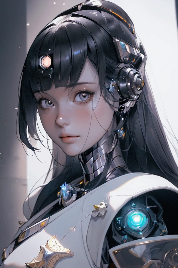 (Best Quality, 4K, 8K, High Resolution, Masterpiece: 1.2), (Super Detailed, Realistic, Photorealistic:1.37), A woman in futuristic clothing holding a futuristic sword, Trending on cgstation, Trending on cgstation, (Portrait of a girl in the Knights of the Zodiac:1.4), blunt bangs, Cute Cyborg Girl, Perfect android girl, Portrait Astronaut Girl, Beautiful girl cyborg, Girl wearing black mechanical cyber armor, Game CG, cgsociety と fenghua zhong, Beautiful Cyborg Shrine Maiden, Bioluminescence