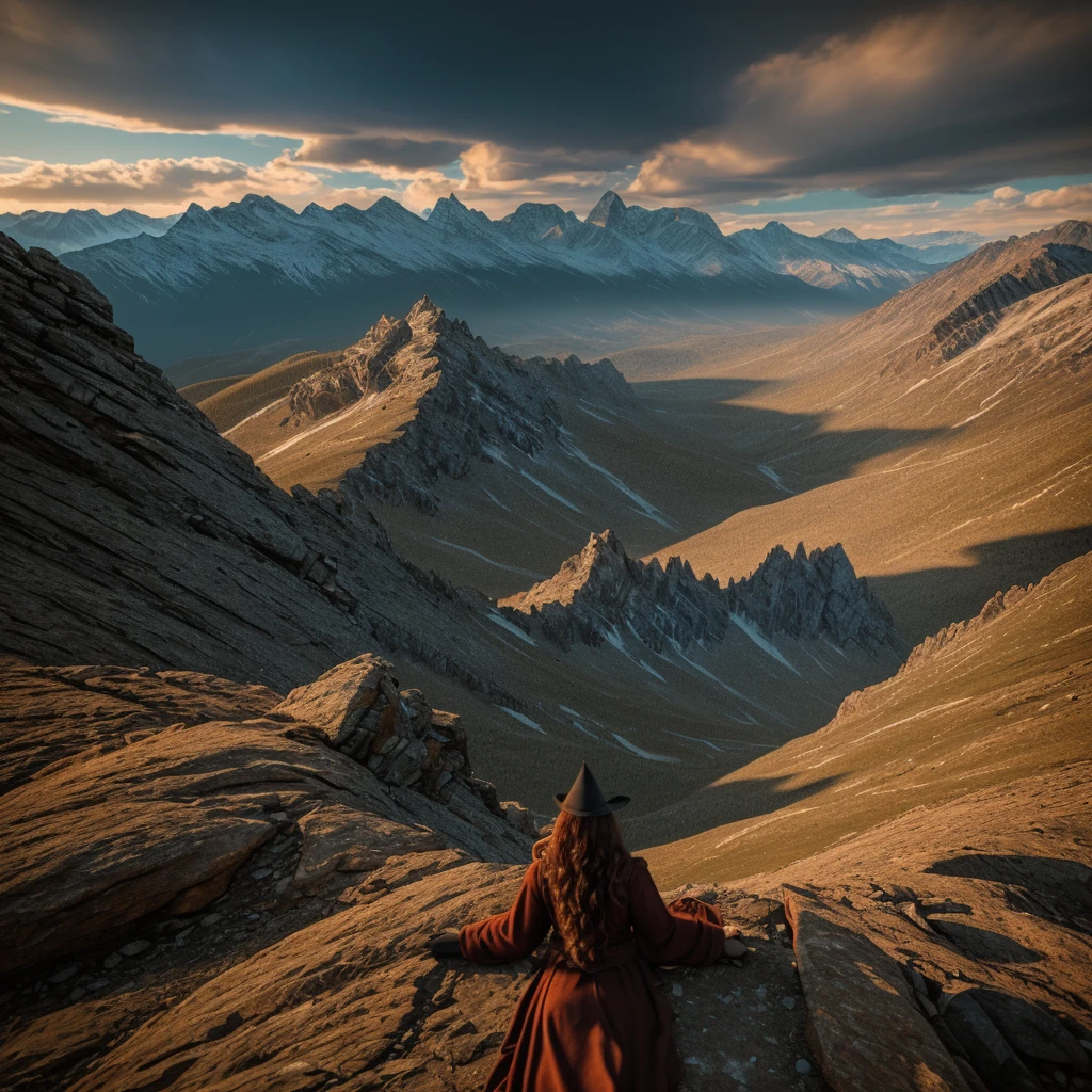 a witch on top of a mountain, conjuring the magical text "Ariethy" at dawn, detailed beautiful witch, detailed magical glowing text, dramatic lighting, dramatic cloudy sky, dramatic mountains, fantasy, cinematic, highly detailed, 8k, photorealistic