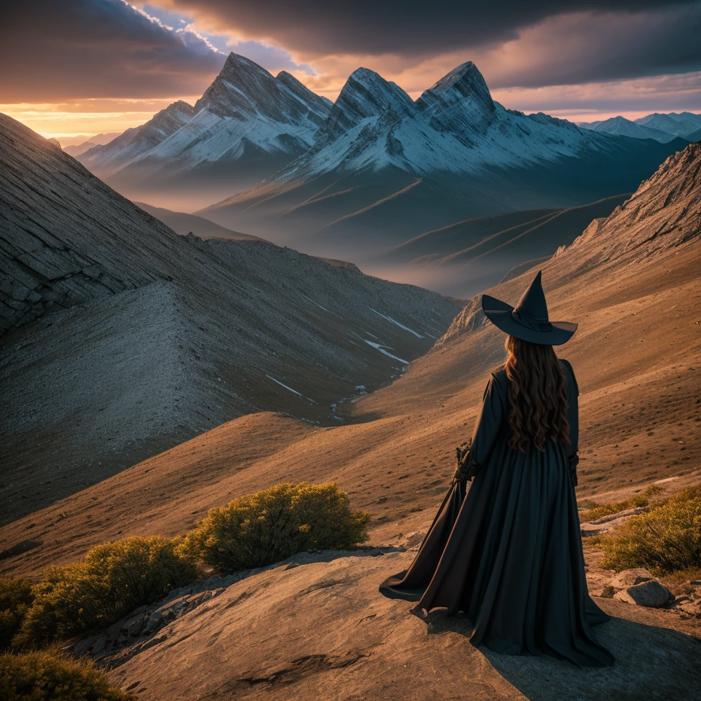 a witch on top of a mountain, conjuring the magical text "Ariethy" at dawn, detailed beautiful witch, detailed magical glowing text, dramatic lighting, dramatic cloudy sky, dramatic mountains, fantasy, cinematic, highly detailed, 8k, photorealistic