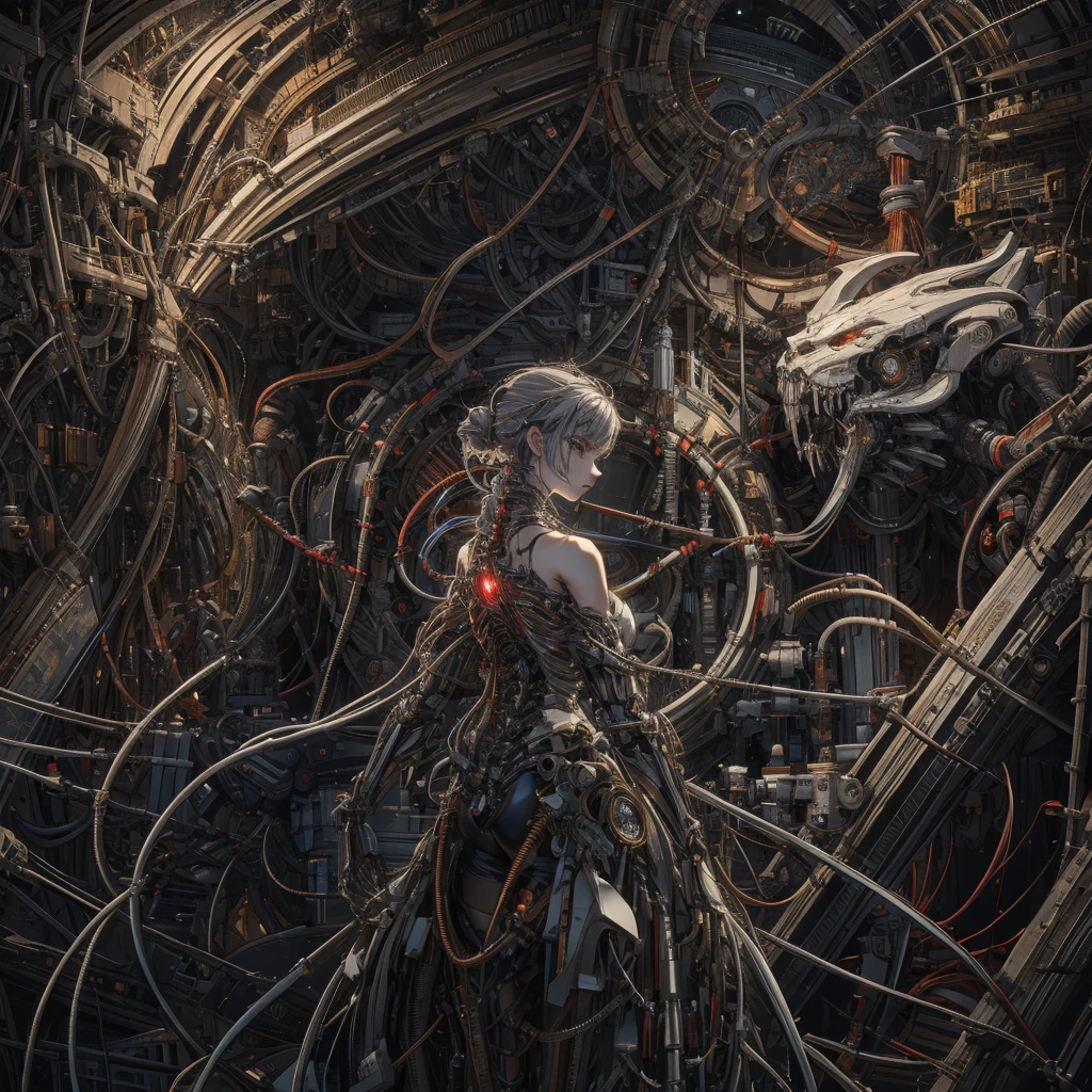(((masterpiece))), ((Highest quality)), (Super Detail), (CG illustration), (So evil and beautiful)), Cinematic Light, ((1. Mechanical Girl)), single, (Mechanical Arts: 1.4), ((Mechanical Limbs)), (Blood vessel attached to a tube), ((Mechanical spine attached to the back)), ((Mechanical cervical vertebrae attached to the neck), (Back to viewers)), Expressionless, ( Wires and cables connected to the head and torso: 1.5), sf, Apocalypse, What's left behind, (Lower body integrated with mechanical device), (Blood: 1.5), Cruelty, Confused, eroticism, Integration with machines, The End Times, Super Future, inorganic, Research Room, constrained, (Beautiful luxury: 1.2), (1 person: 1.3), A body wrapped in mechanical tentacles