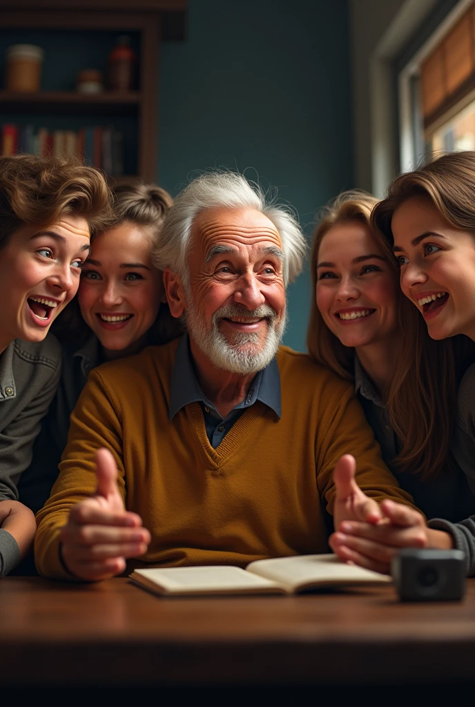 Create an image where 6 teenagers are laughing at an old man for telling a story