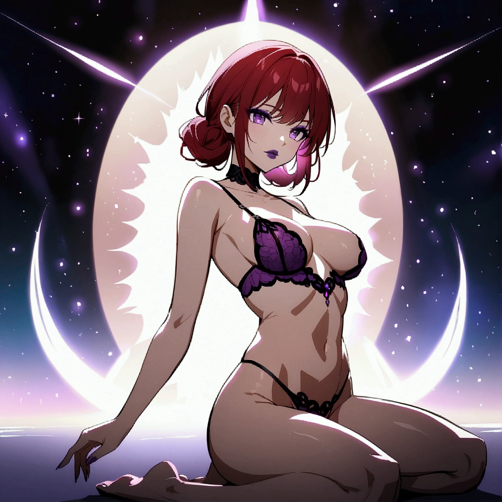 anime, woman, beautiful, kneeling, dark red hair, purple eyes, purple eyeshadow, dark red lipstick, perfect breasts, revealing bra, thong