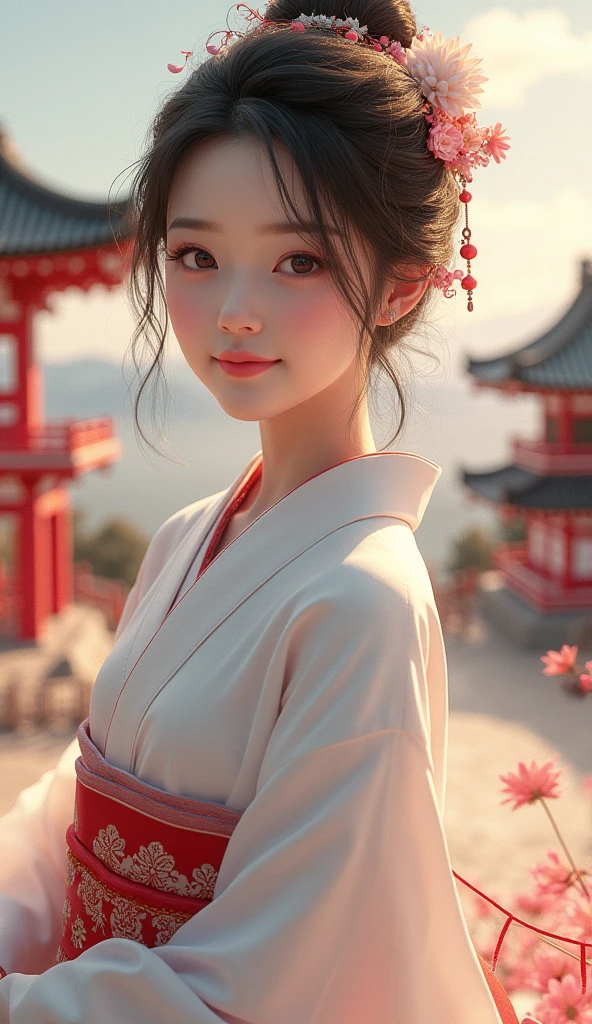 A beautiful young woman wearing brightly colored Japanese clothing、A charming expression、A peerless beauty created by CG、White Japanese clothing、Full Body Shot、background、Shrines and temples、Ukiyo-e style Japanese painting、