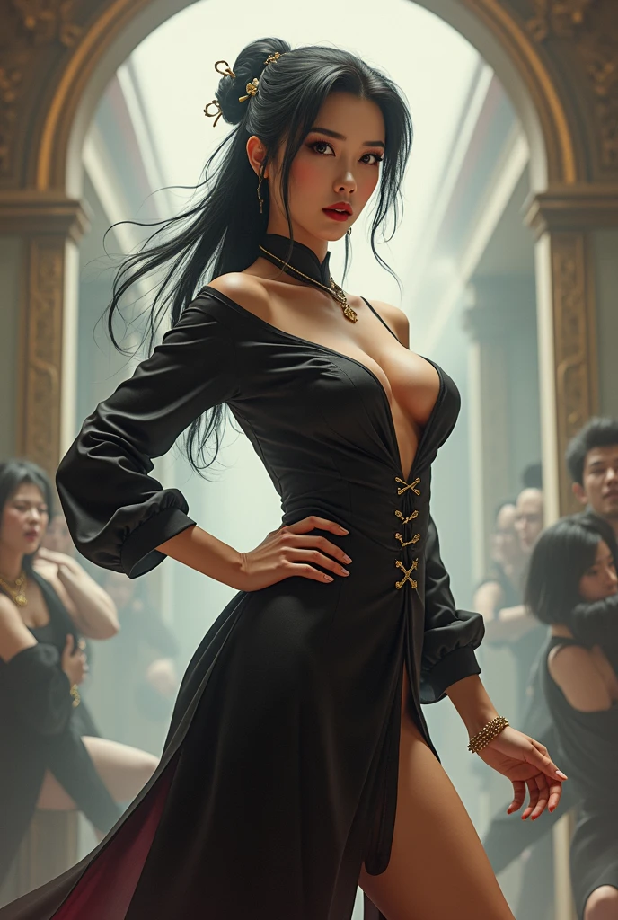 (masterpiece, Best Quality, High resolution, 32K HDR),chinese Mafia girl, man harem,strong woman,black long hair, 