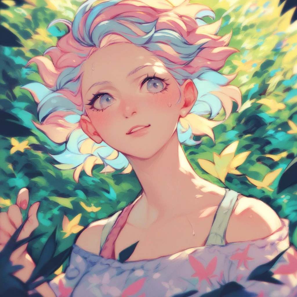  with colorful hair playing in a flowery forest, pastel colors, manga