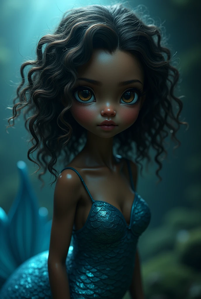 black mermaid, fox eyes and black, dark brown 3D curly hair with light brown highlights, half below the shoulder, round face and visible cheeks, blue tail realistic photo