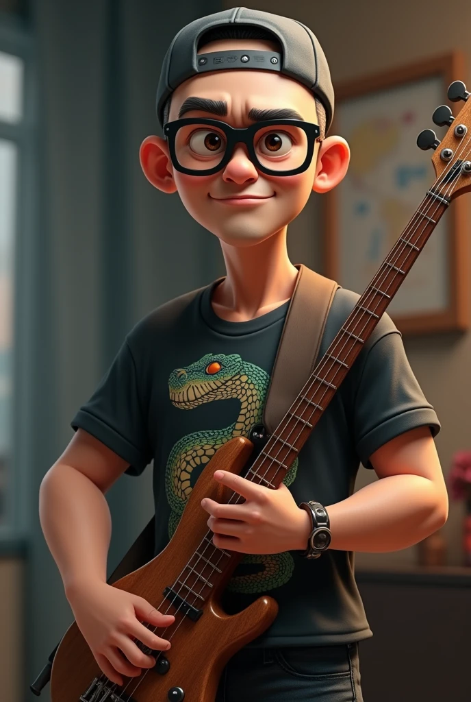A cartoon character of a 50-year-old Japanese man with no beard, wearing a shaved head, a bass cap, black glasses and a T-shirt with a picture of a snake, holding a bass guitar, Anime characters, Stylized characters, Animation-style rendering, 3D stylized, Arnold Maya Rendering, 3D rendering style, toon render keyshot, 3D Characters, 3D Characters, 3D rendering style, 3D Charactersレンダリング, Cartoon characters, Close-up Character, Character pose, (Pixar Style) (Master Parts:1.2) (Bokeh) (Highest quality) (Fine skin) (Fine texture) (8k) (clay) (Cinema Lighting) (Sharp focus)